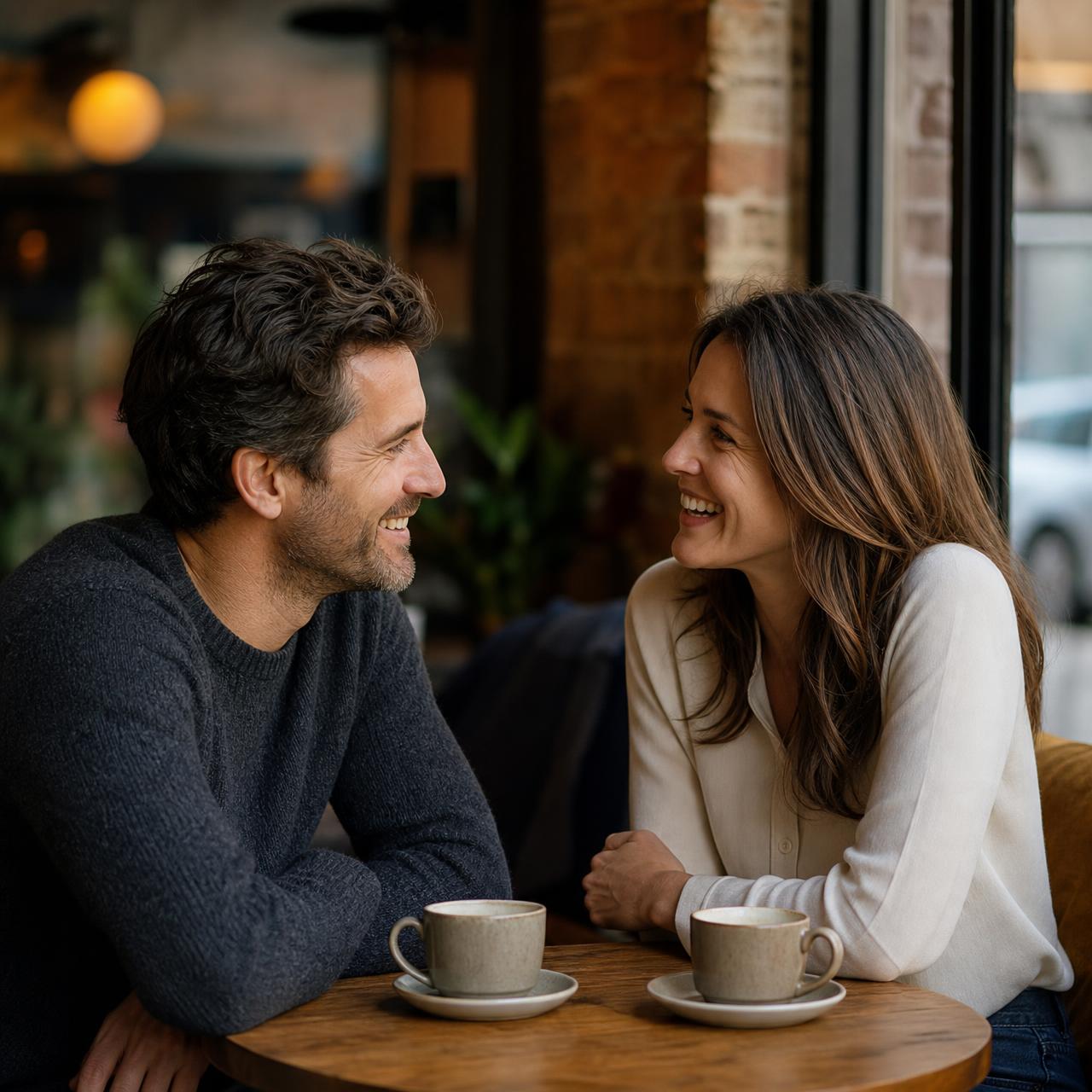 A man and a woman in their late thirties smiling in warm conversation over coffee